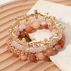 5PCS - Metal Cross Natural Stone Faceted Beaded Stretch Multi Layered Bracelets