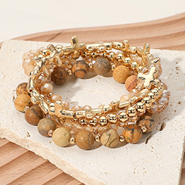 5PCS - Metal Cross Natural Stone Faceted Beaded Stretch Multi Layered Bracelets