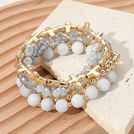 5PCS - Metal Cross Natural Stone Faceted Beaded Stretch Multi Layered Bracelets