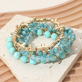 5PCS - Metal Cross Natural Stone Faceted Beaded Stretch Multi Layered Bracelets