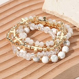 5PCS - Metal Cross Natural Stone Faceted Beaded Stretch Multi Layered Bracelets