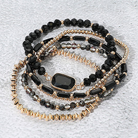 5PCS - Stone Charm Pointed Metal Ball Faceted Beaded Stretch Multi Layered Bracelets