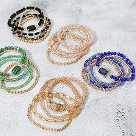 5PCS - Stone Charm Pointed Metal Ball Faceted Beaded Stretch Multi Layered Bracelets