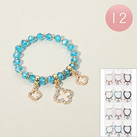 12PCS - Stone Paved Open Quatrefoil Charm Beaded Stretch Bracelets