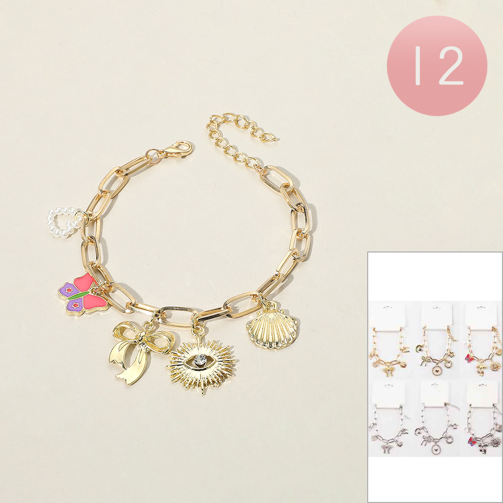 12PCS - Pearl Beaded Heart Metal Bow Evil Eye Shell Enamel Butterfly Charm Station Paperclip Chain Bracelets