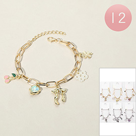 12PCS - Cherry Bow Flower Clover Stone Charm Station Paperclip Chain Bracelets