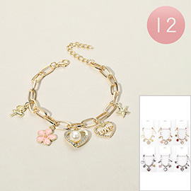 12PCS - Pearl Heart Enamel Flower Metal LOVE Star Charm Station Paperclip Chain Bracelets