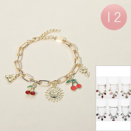 12PCS - Cherry Flower Sun Charm Station Paperclip Chain Bracelets