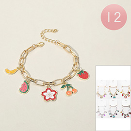 12PCS - Enamel Banana Watermelon Cherry Strawberry Flower Charm Station Paperclip Chain Bracelets