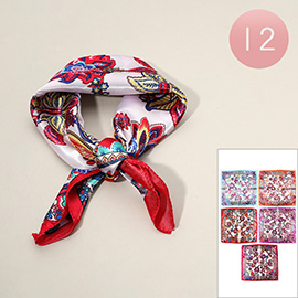 12PCS - Flower Patterned Square Silk Feel Scarves