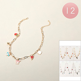 12PCS - Enamel Character Strawberry Cloud Candy Charm Station Paperclip Chain Necklaces