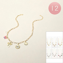12PCS - Pearl Beaded Heart Metal Bow Evil Eye Shell Enamel Butterfly Charm Station Paperclip Chain Necklaces