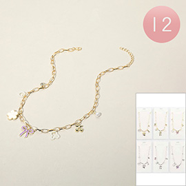 12PCS - Enamel Flower Bow Metal Cherry Pearl Beaded Circle Butterfly Charm Station Paperclip Chain Necklaces