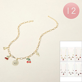 12PCS - Enamel Cherry Strawberry Flower Metal Sun Charm Station Paperclip Chain Necklaces