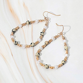 Natural Stone Pearl Metal Ball Beaded Teardrop Dangle Earrings