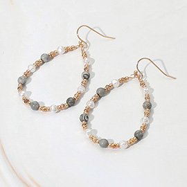 Natural Stone Pearl Metal Ball Beaded Teardrop Dangle Earrings