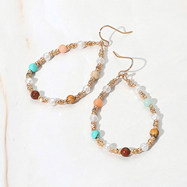 Natural Stone Pearl Metal Ball Beaded Teardrop Dangle Earrings