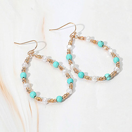 Natural Stone Pearl Metal Ball Beaded Teardrop Dangle Earrings