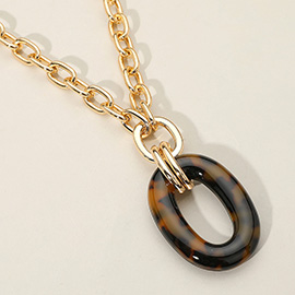 Celluloid Acetate Oval Ring Pendant Chunky Chain Necklace