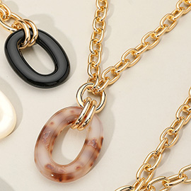Celluloid Acetate Oval Ring Pendant Chunky Chain Necklace