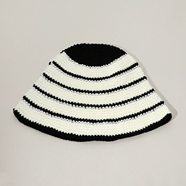 Wire Inserted Rim Crochet Knit Striped Pattern Bucket Hat