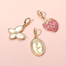 3PCS - Mother of Pearl Butterfly Rose Embossed Oval Medal Strawberry Charm Set