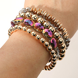 5PCS - Metal Ball Faceted Beaded Stretch Multi Layered Bracelets