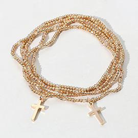 5PCS - Cross Charm Pointed Seed Beaded Stretch Multi Layered Bracelets