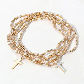 5PCS - Cross Charm Pointed Seed Beaded Stretch Multi Layered Bracelets