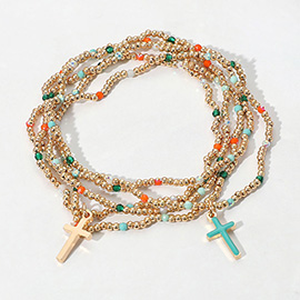 5PCS - Cross Charm Pointed Seed Beaded Stretch Multi Layered Bracelets