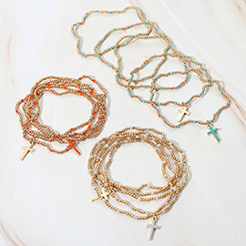 5PCS - Cross Charm Pointed Seed Beaded Stretch Multi Layered Bracelets