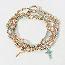 5PCS - Cross Charm Pointed Seed Beaded Stretch Multi Layered Bracelets