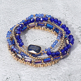 5PCS - Stone Charm Pointed Metal Ball Faceted Beaded Stretch Multi Layered Bracelets