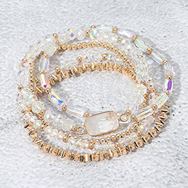5PCS - Stone Charm Pointed Metal Ball Faceted Beaded Stretch Multi Layered Bracelets