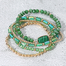 5PCS - Stone Charm Pointed Metal Ball Faceted Beaded Stretch Multi Layered Bracelets