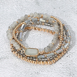 5PCS - Stone Charm Pointed Metal Ball Faceted Beaded Stretch Multi Layered Bracelets