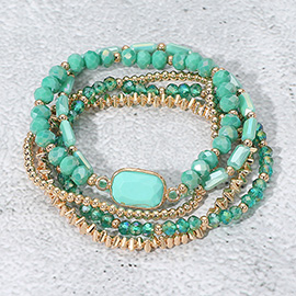 5PCS - Stone Charm Pointed Metal Ball Faceted Beaded Stretch Multi Layered Bracelets