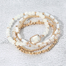 5PCS - Stone Charm Pointed Metal Ball Faceted Beaded Stretch Multi Layered Bracelets