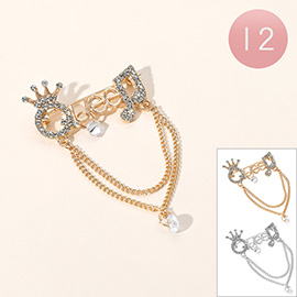 12PCS - Stone Paved QUEEN Message Chain Pin Brooches
