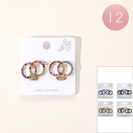 12Pairs - Stone Paved Double Circle Clip On Earrings