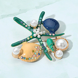 Pearl Pointed Enamel Starfish Shell Pin Brooch