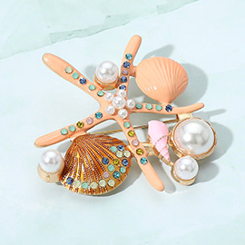 Pearl Pointed Enamel Starfish Shell Pin Brooch