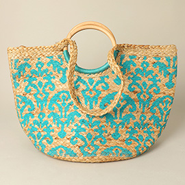 Abstract Pattern Wooden Top Handle Woven Tote Bag