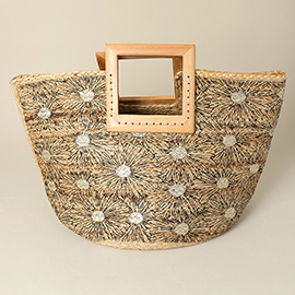 Floral Pattern Wooden Handle Woven Straw Handbag