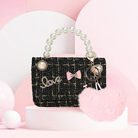 HOT FOCUS - Tiny Mini Tweed Crossbody Bag with Heart Pom Pom Keychain