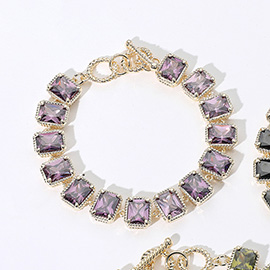 14K Gold Plated CZ Emerald Cut Stone Cluster Link Evening Toggle Bracelet