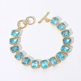 14K Gold Plated CZ Emerald Cut Stone Cluster Link Evening Toggle Bracelet