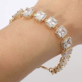 14K Gold Plated CZ Emerald Cut Stone Cluster Link Evening Toggle Bracelet