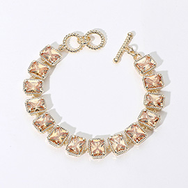 14K Gold Plated CZ Emerald Cut Stone Cluster Link Evening Toggle Bracelet