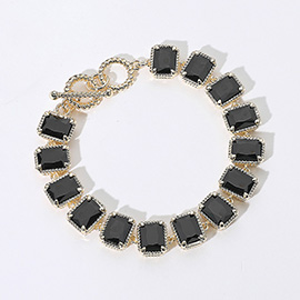 14K Gold Plated CZ Emerald Cut Stone Cluster Link Evening Toggle Bracelet